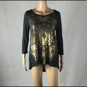 Lucky Brand Metallic Gold Floral Foil Hi-Lo Tunic